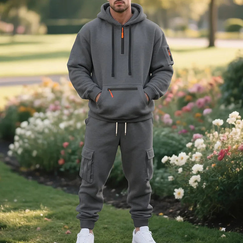 Herren-Sportanzug-Stil, Herbst- und Winter-Fleece, lässige Sportbekleidung für Herren, Reißverschlusspullover, Arbeitshosenanzug mit mehreren Taschen